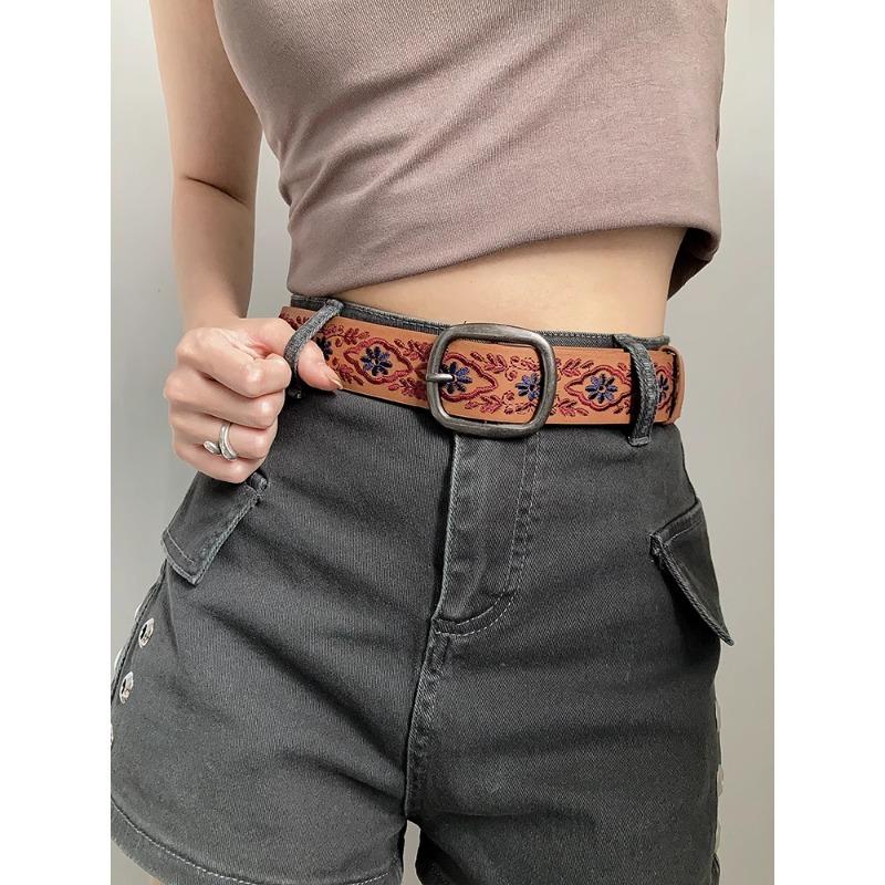 Belts & Chain |  Womens Vintage Denim Flower Embroidery Buckle Belt Accessories Belts & Chain