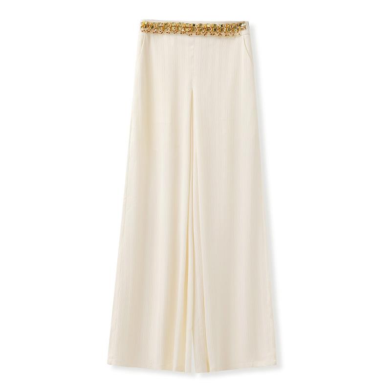 Bottoms |  Womens 100% Cotton Mid Rise Solid Wide Leg Trousers With Leopard Belt Bottoms Beige