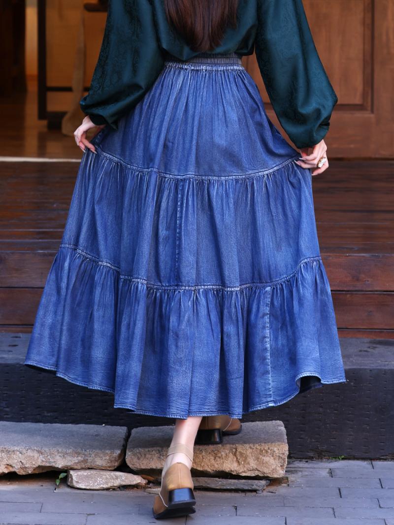 Bottoms |  Womens Denim High Rise Solid Tiered Button Pocket Maxi Skirt Bottoms Bottoms