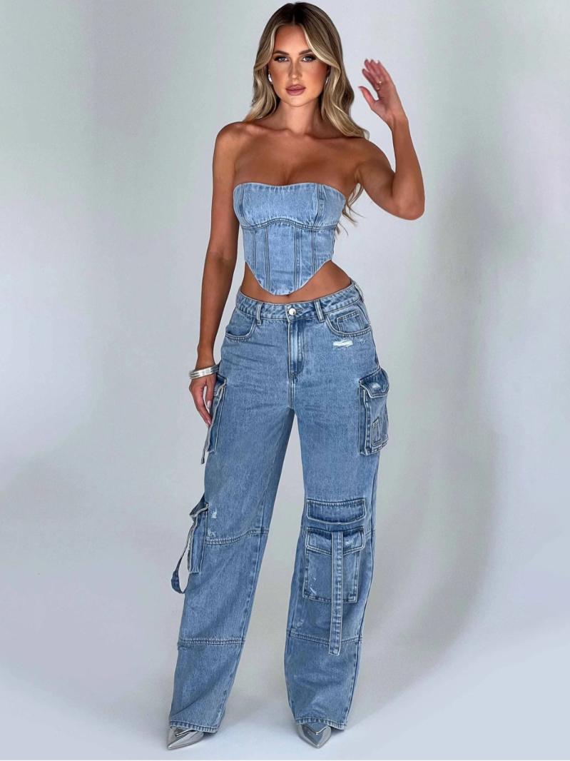 Bottoms |  Womens Denim Low Rise Bowknot Wide Leg Jeans Bottoms Blue