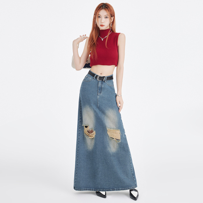 Bottoms |  Womens Denim Mid Rise Solid Ripped Split Maxi Skirt Bottoms Bottoms