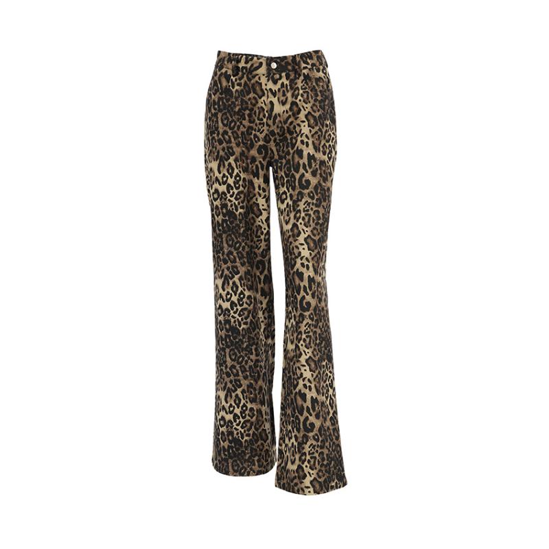 Bottoms |  Womens Denim Mid Waist Leopard Wide Leg Pants Bottoms Bottoms