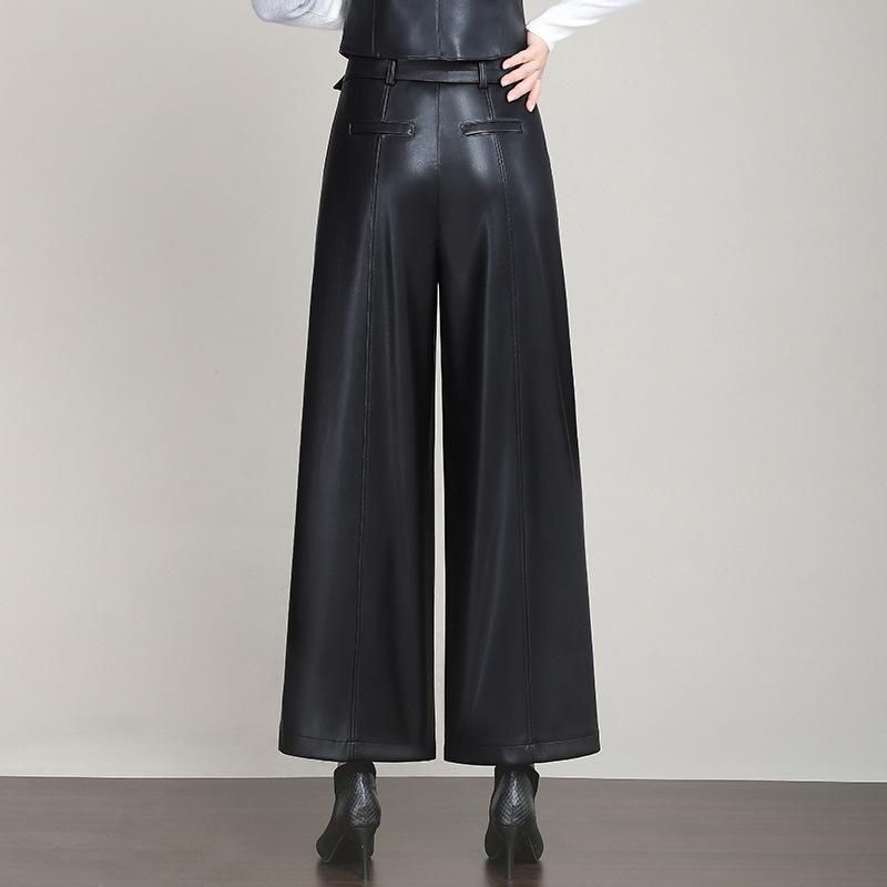 Bottoms |  Womens Faux Leather Solid High Waist  Wide Leg Trousers Bottoms Black