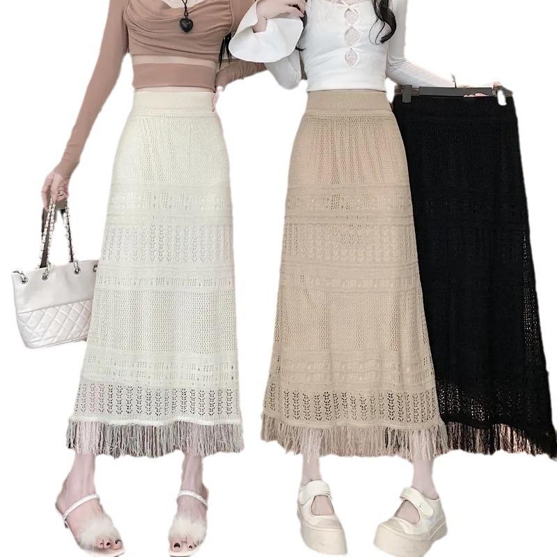 Bottoms |  Womens Knit Solid Asymmetrical Fringe Midi Skirt Bottoms Bottoms