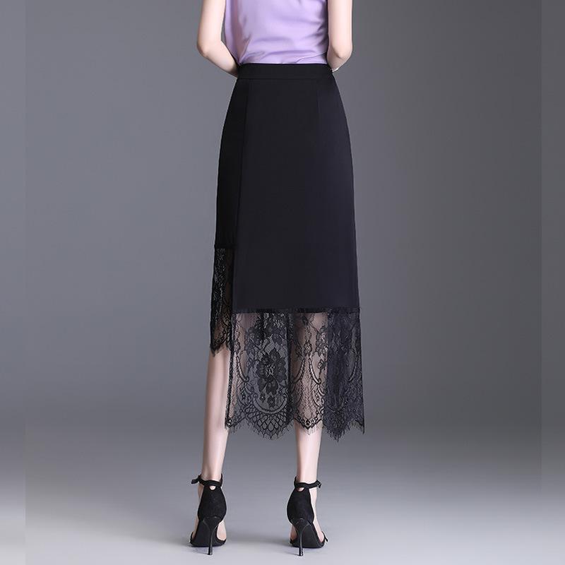 Bottoms |  Womens Lace Mid Rise Solid Patched Midi Skirt Bottoms Black