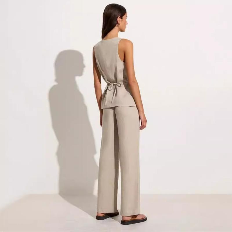 Bottoms |  Womens Linen-Blend Mid Rise Solid Pleated Wide Leg Trousers Bottoms Beige