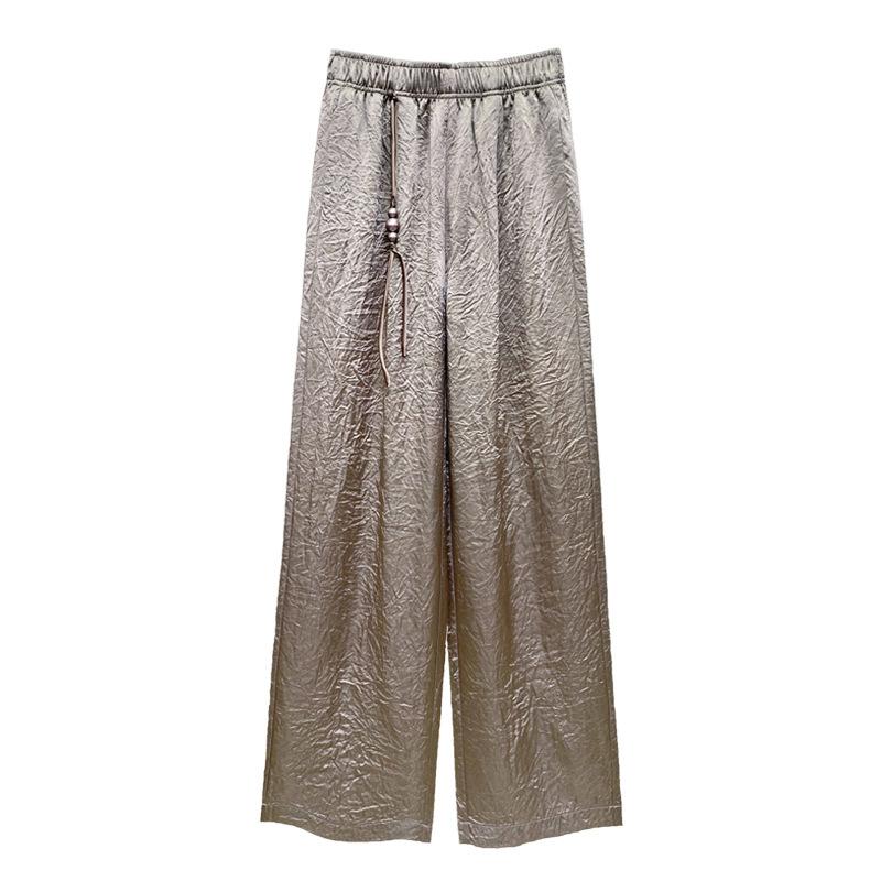 Bottoms |  Womens Metallic Mid Rise Solid Wide Leg Trousers Bottoms Bottoms