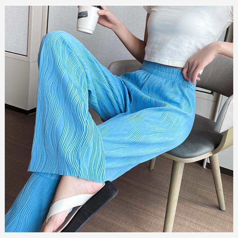 Bottoms |  Womens Mid Rise Solid Texture Wide Leg Trousers Bottoms Blue