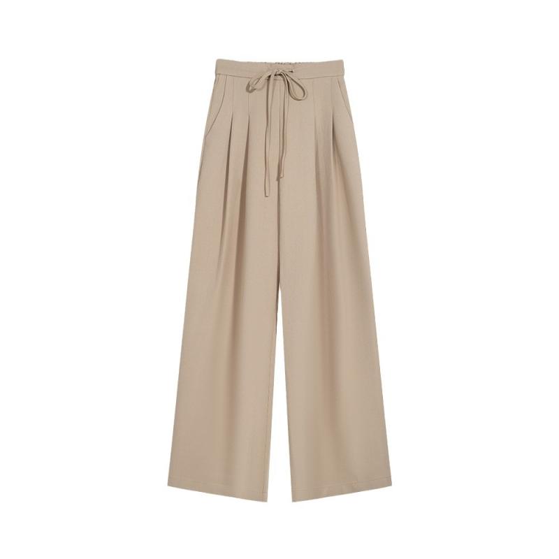 Bottoms |  Womens Mid Rise Solid Zipper Wide Leg Trousers With Rope Belt Bottoms Beige