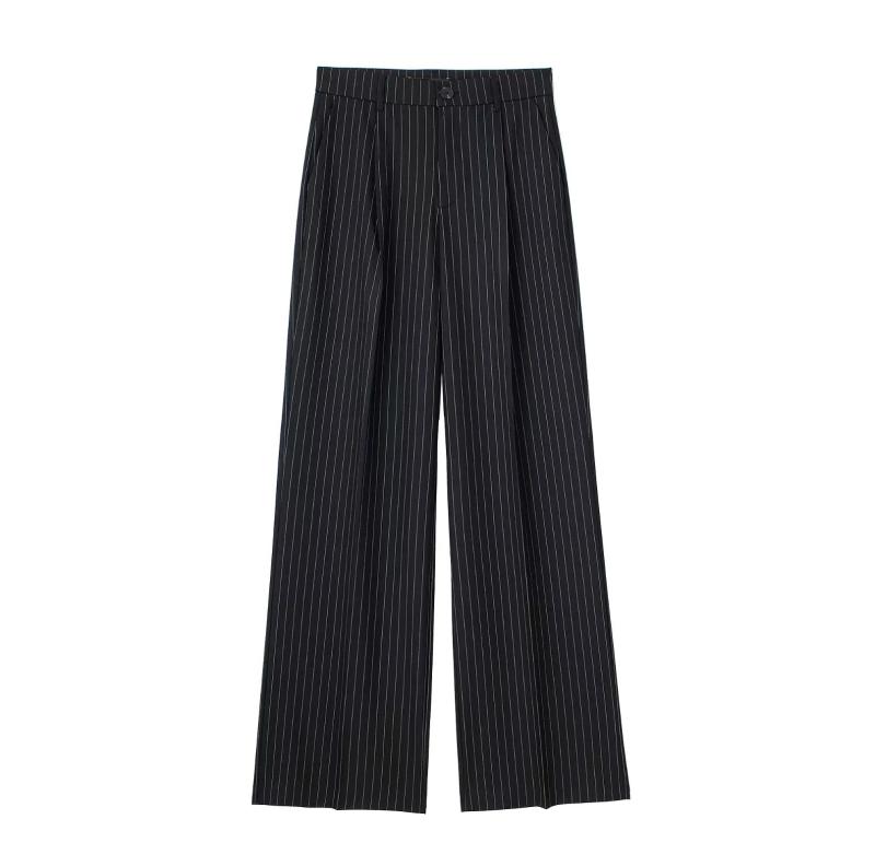 Bottoms |  Womens Striped Button Straight Leg Pants Bottoms Black