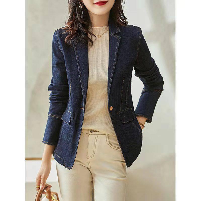 Denim |  Womens Denim Collar Solid Button Long Sleeve Jacket Clothing Dark denim