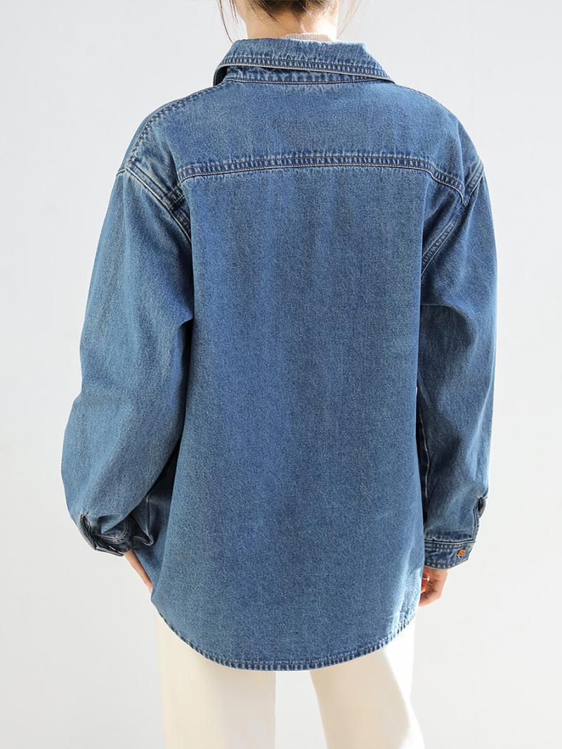 Denim |  Womens Denim Collar Solid Button Pocket Oversized Top Clothing Denim