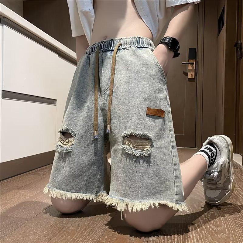 Denim |  Womens Denim High Rise Solid Contrasting Binding Ripped Bermuda Shorts Clothing Denim