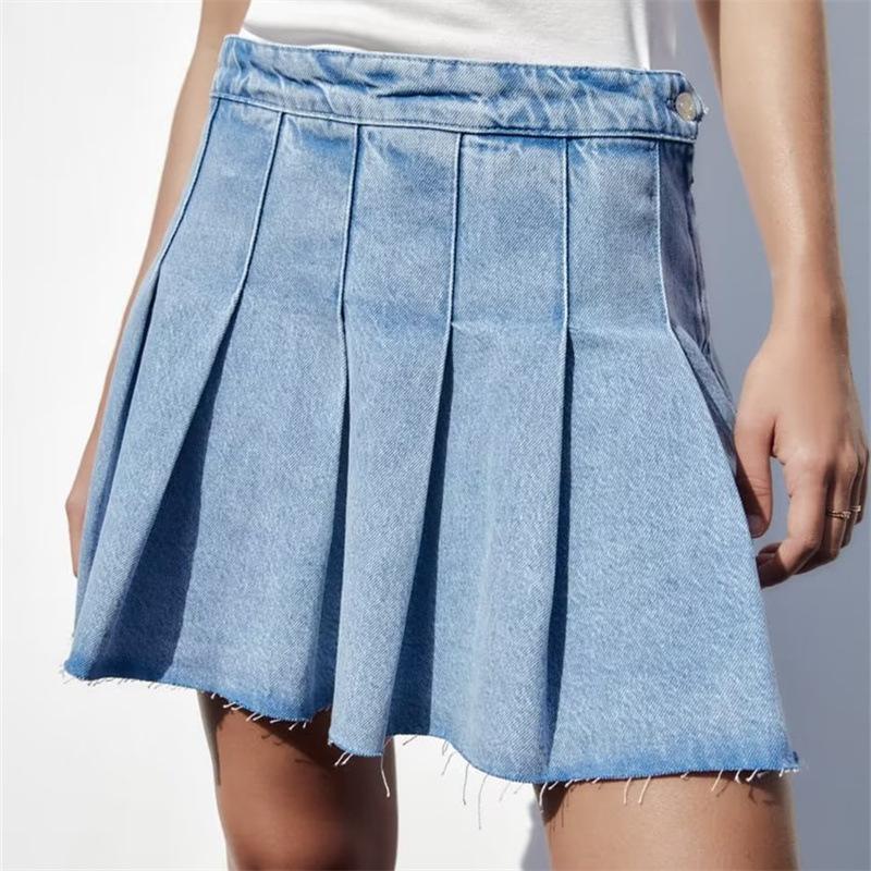 Denim |  Womens Denim High Waist Pleated Raw Hem Mini Skirt Clothing Denim