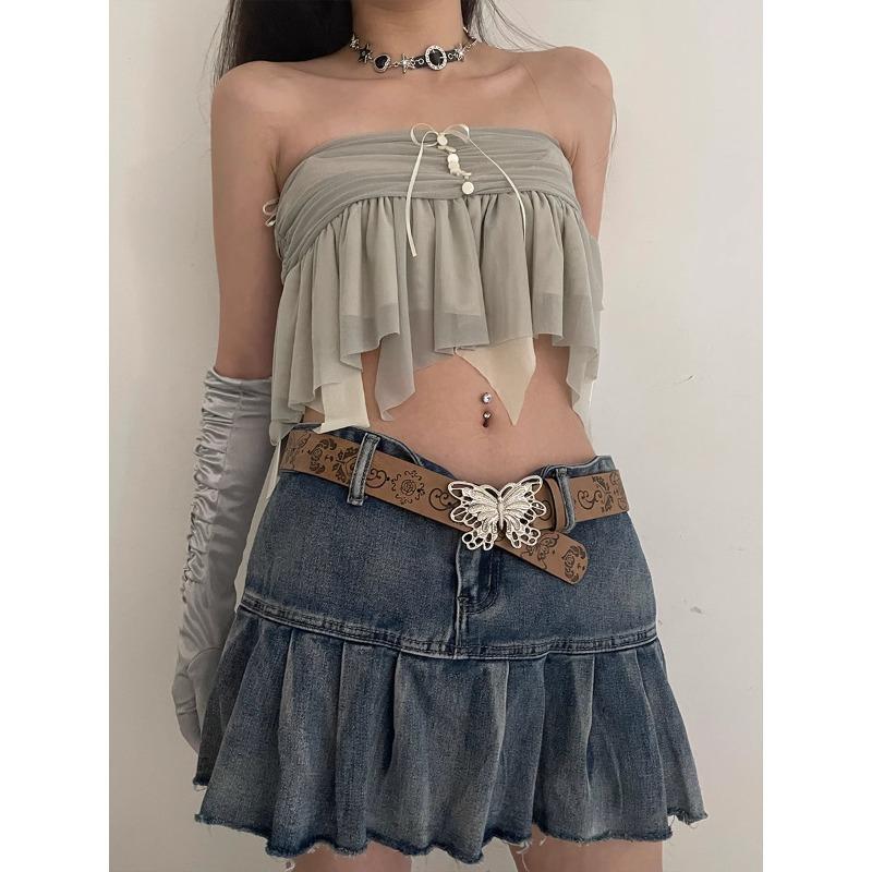 Denim |  Womens Denim Low Waist Pleated Mini Skirt Clothing Brown