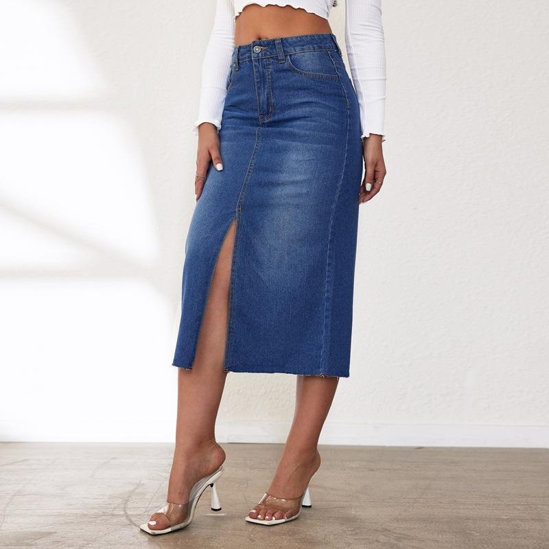 Denim |  Womens Denim Mid Rise Split Pocket Maxi Skirt Clothing Blue