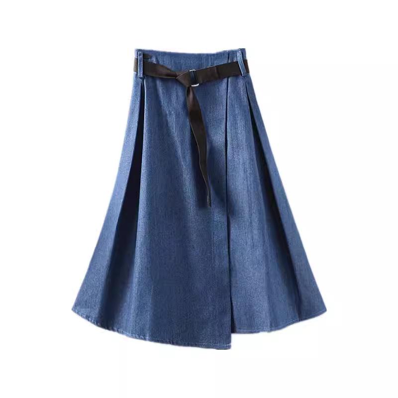 Denim |  Womens Denim Pleated Midi Skirt With Belt Clothing Denim