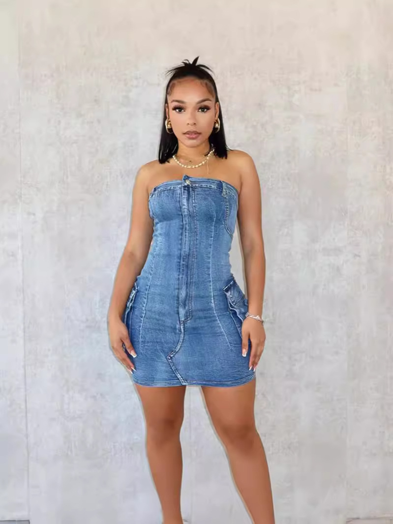 Denim |  Womens Denim Solid Button Cargo Crop Tube Top Clothing Denim