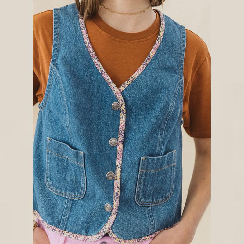 Denim |  Womens Denim V-Neck Solid Contrasting Binding Button Crop Vest Clothing Denim