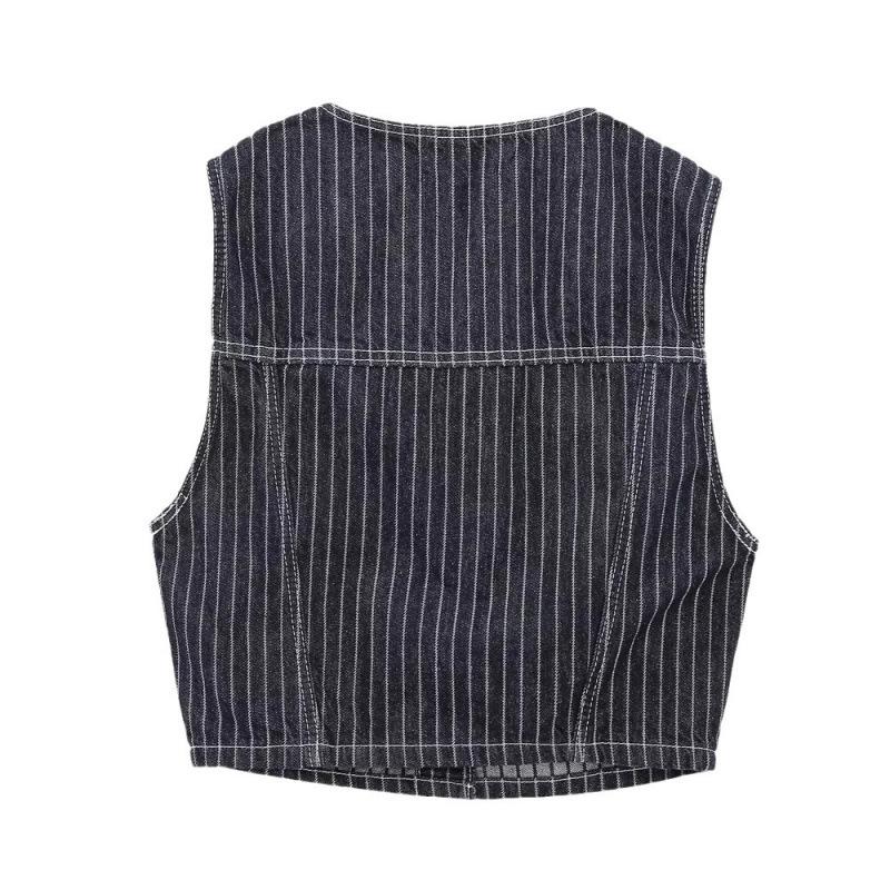 Denim |  Womens Denim V-Neck Striped Knotted Vest Clothing Blue