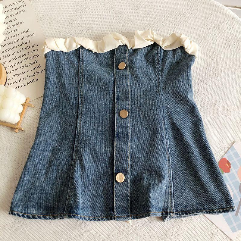 Denim |  Womens High Stretch Denim Off -Shoulder Lettuce Trim Pocket Romper Clothing Blue