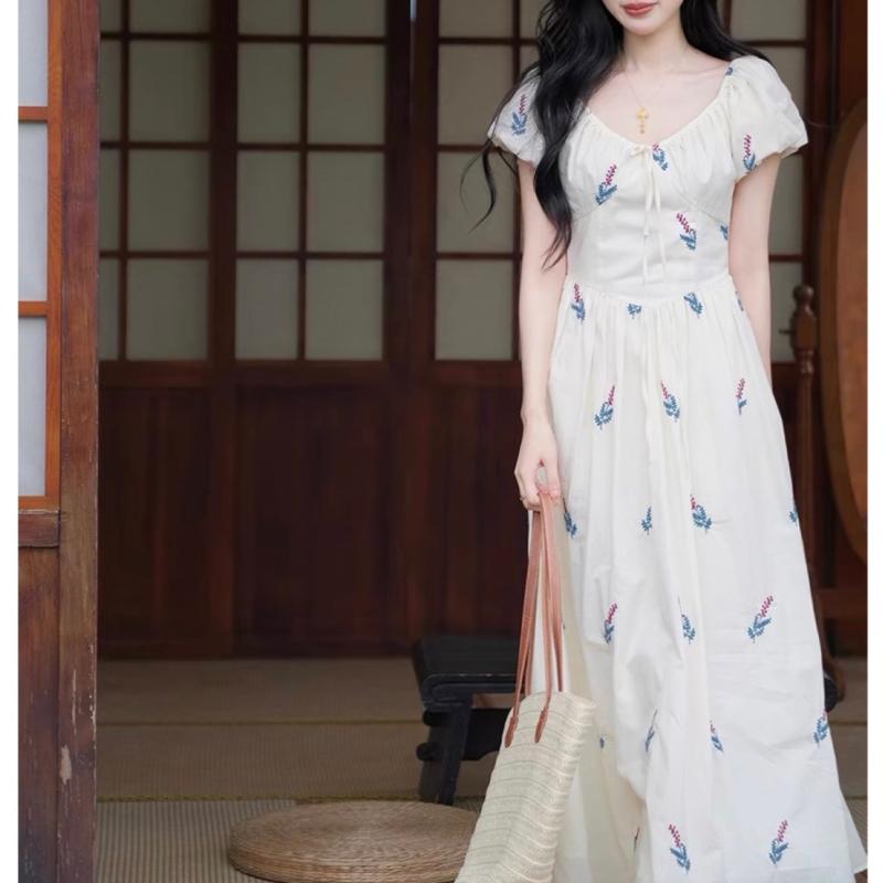 Dresses |  Womens 100% Cotton V-Neck Floral Ruffle  Maxi Dress Clothing Cream