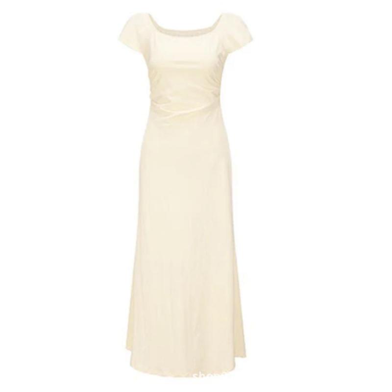 Dresses |  Womens Asymmetrical Neck Solid Ruched Maxi Dress Clothing Beige