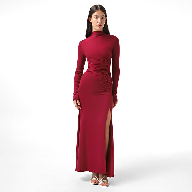 Dresses |  Womens High Neck Solid Ruched Ruffle Long Sleeve Maxi Dress Clothing Burgundy