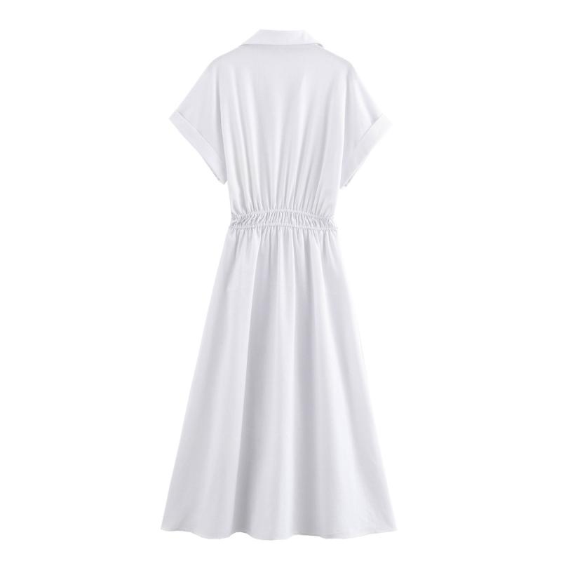 Dresses |  Womens Linen-Blend Collar Solid Shirred Button Midi Shirt Dress Clothing Dresses