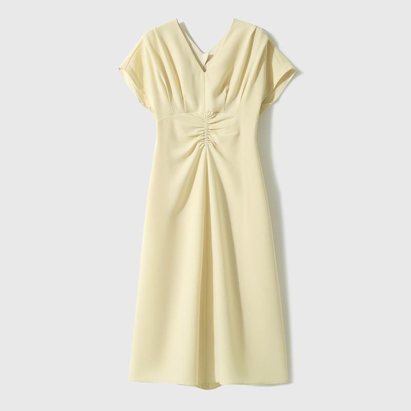 Dresses |  Womens Linen-Blend V-Neck Solid Ruffle Ruched Midi Dress Clothing Beige