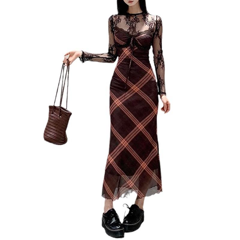 Dresses |  Womens Mesh V-Neck Checks Knotted Maxi Dress Clothing Brown