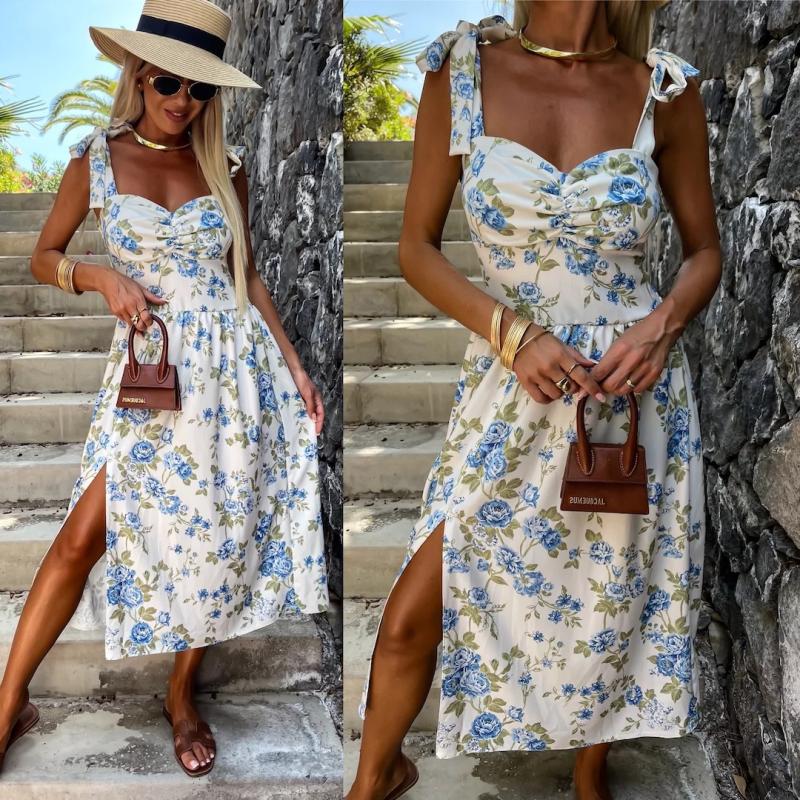 Dresses |  Womens Santorini Beach Vacation V-Neck Bowknot Floral Ruffle Hem Midi Dress Clothing Blue