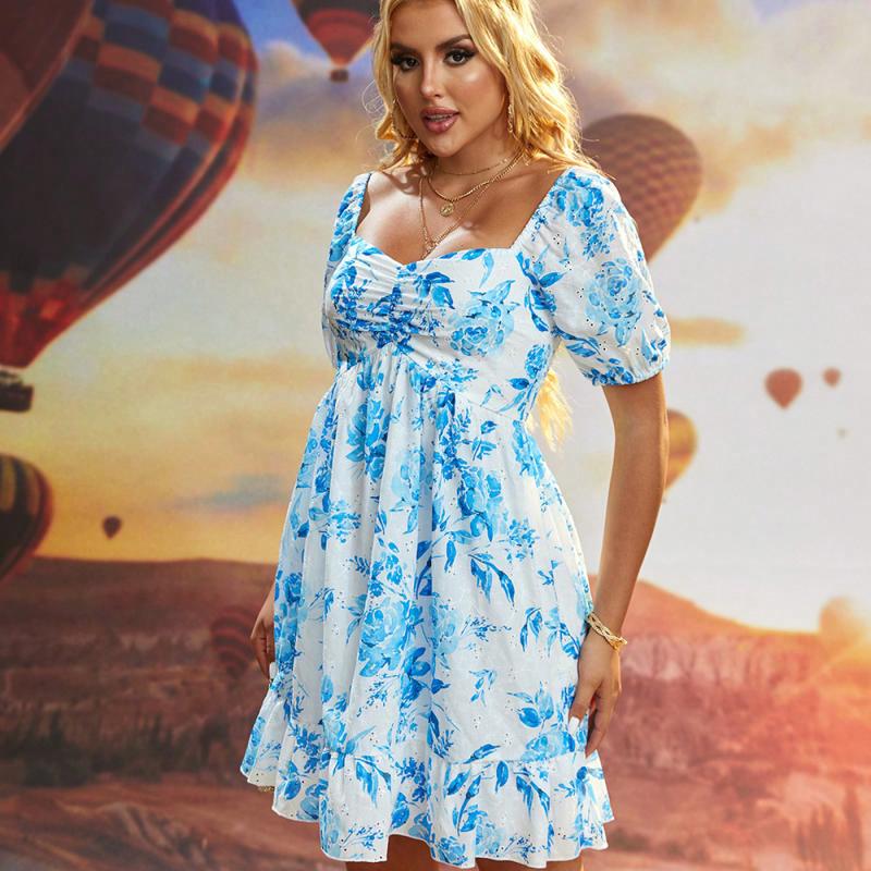 Dresses |  Womens Santorini Beach Vacation V-Neck Floral Knotted Shirred Cut Out Mini Dress Clothing Blue