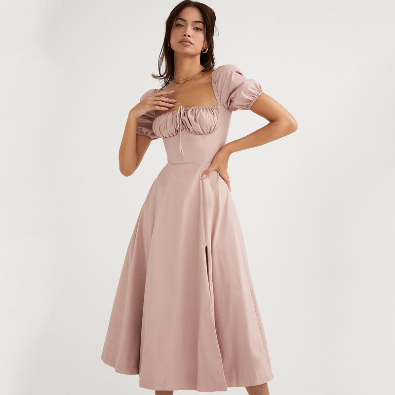 Dresses |  Womens Satin Knotted Puff Sleeve Split Midi Dress Clothing Dresses