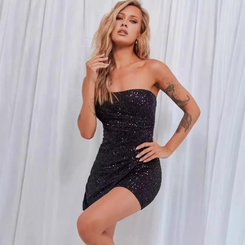 Dresses |  Womens Sequin Off-Shoulder Solid Bowknot Mini Dress Clothing Black