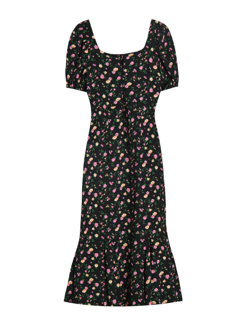 Dresses |  Womens Square Neck Floral Bowknot Puff Sleeve Midi Dress Clothing Black