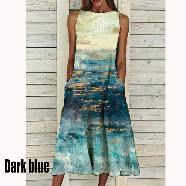 Dresses |  Womens Velvet Round Neckline Landscape Pattern Ruched Midi Dress Clothing Dresses