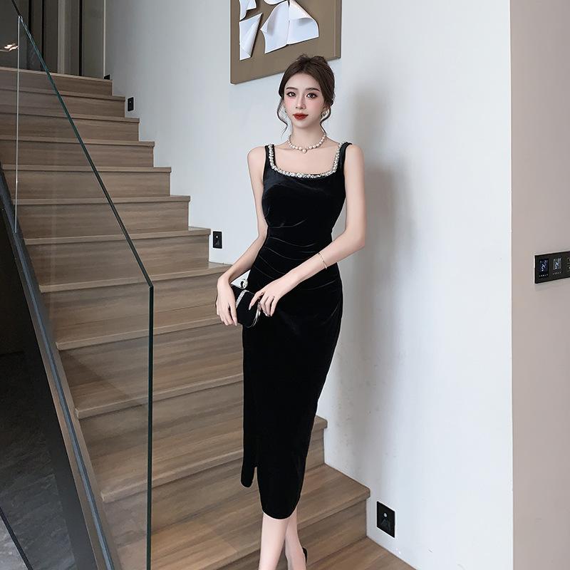 Dresses |  Womens Velvet Sweetheart Solid Rhinestone Contrasting Binding Midi Dress Clothing Black