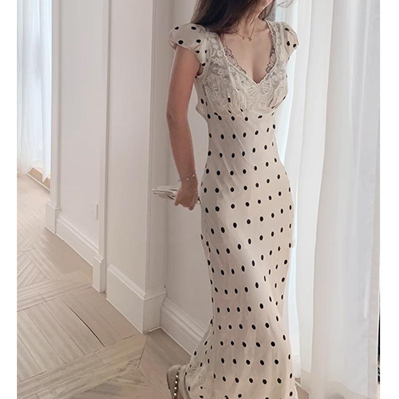 Dresses |  Womens Woven Sweetheart Polka Dot Lace Trim Maxi Dress Clothing Dresses