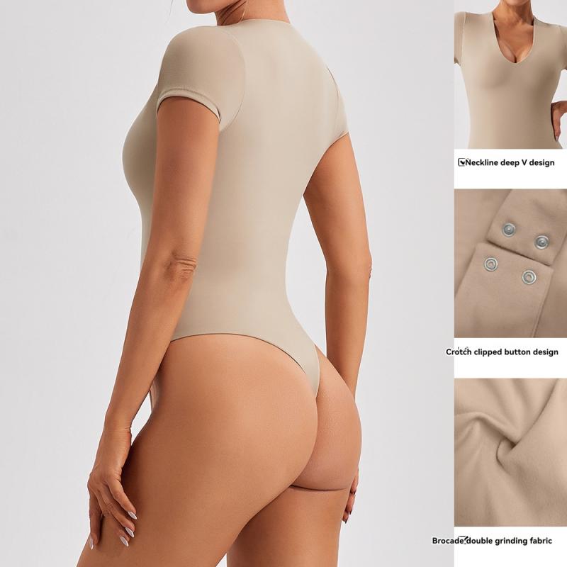 Essentials |  Womens Body De Doble Capa Con Cuello Redondo Y Manga Corta Sólido Second Skin Clothing Caqui