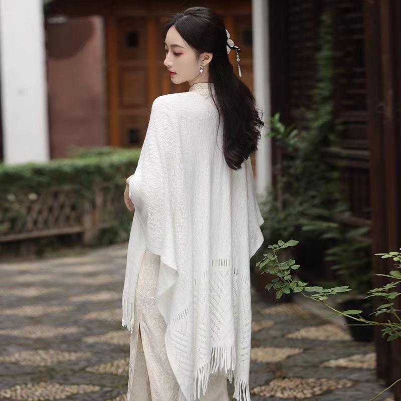 Gloves & Scarves |  Womens Eyelet Tassel Knitted Shawl Accessories Beige