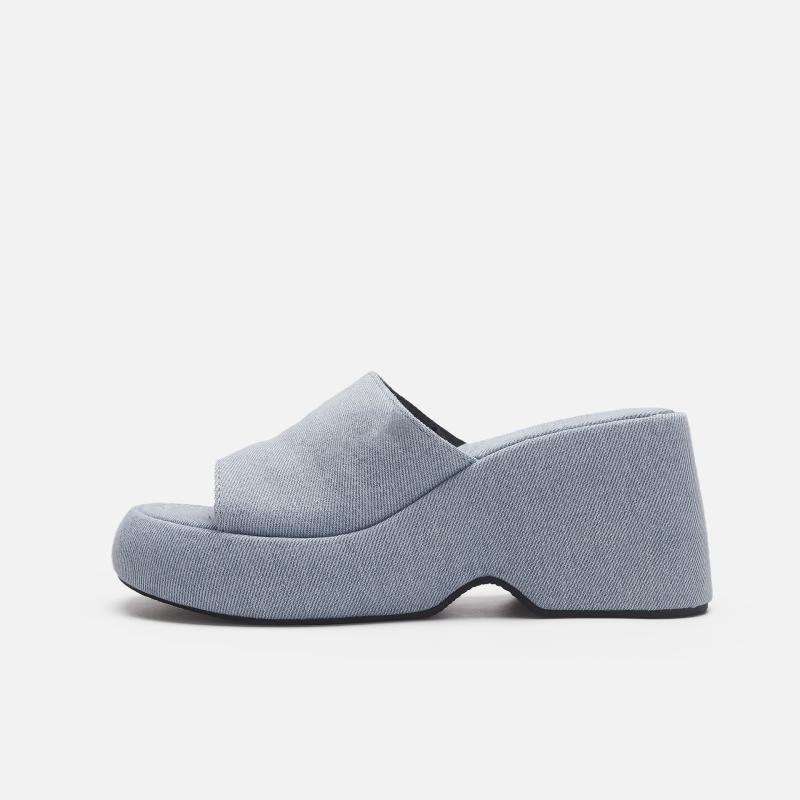 Heels |  Womens Single Band Chunky Heeled Slippers Heels Denim