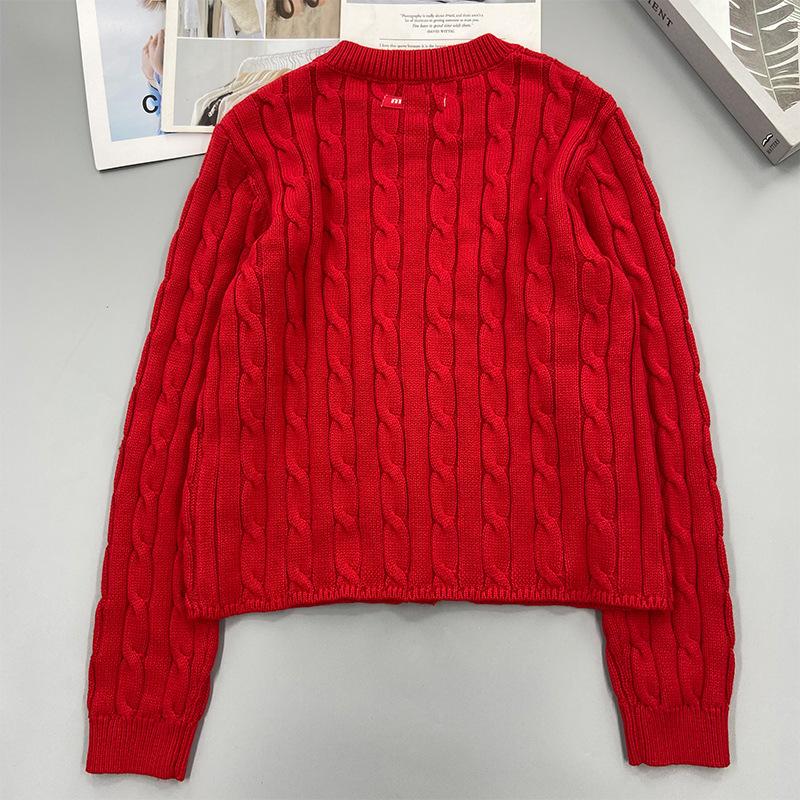 Knitwear |  Womens Cable Knit Round Neckline Cherry Long Sleeve Crop Top Clothing Carmine