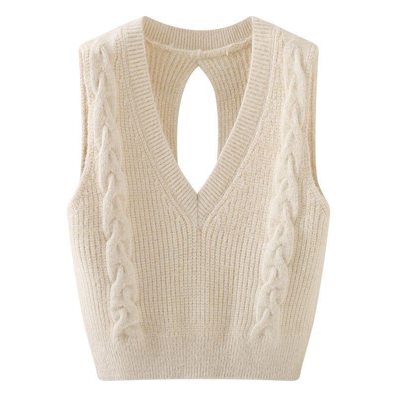 Knitwear |  Womens Cable Knit V-Neck Solid Crop Vest Clothing Beige