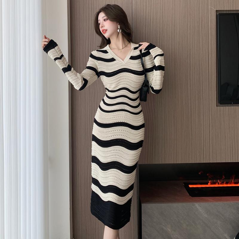 Knitwear |  Womens Collar Chevron Hollow Out Knitted Mini Dress Clothing Black & White