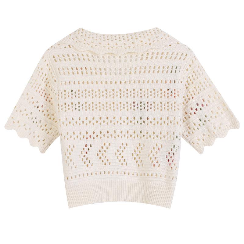 Knitwear |  Womens Knit Collar Contrasting Binding Button Crop Short Sleeve Top Clothing Beige