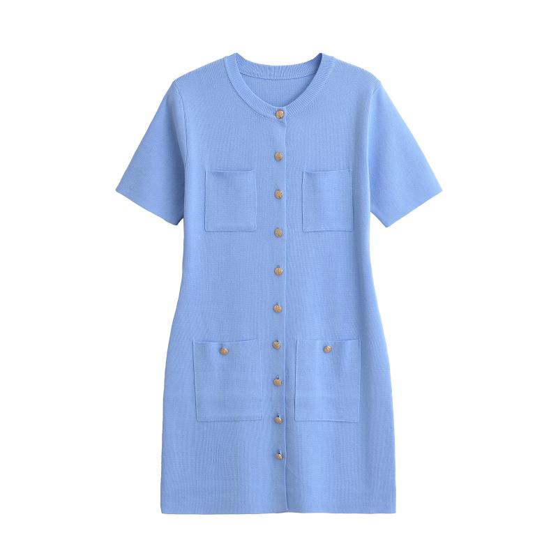 Knitwear |  Womens Knit Round Neckline Solid Button Pocket Mini Dress Clothing Blue