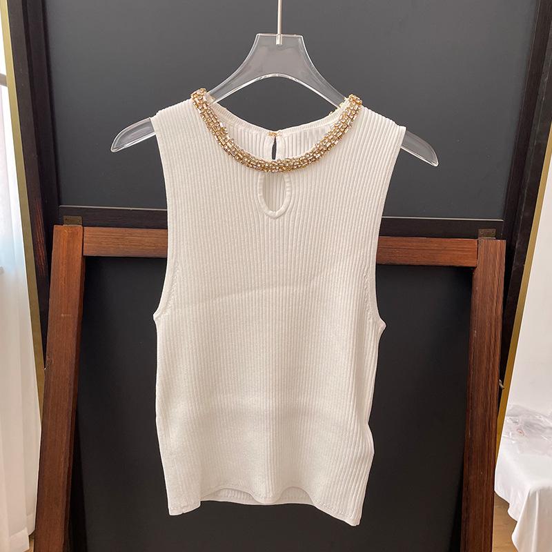 Knitwear |  Womens Knit Round Neckline Solid Rhinestone Tank Top Clothing Knitwear