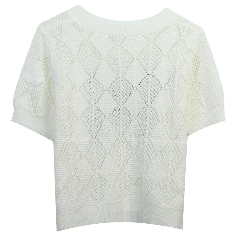 Knitwear |  Womens Knit Round Neckline Solid Rhombus Texture Crop Short Sleeve Top Clothing Ivory