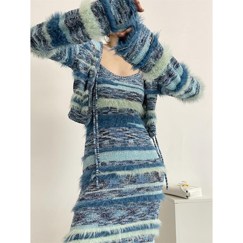 Knitwear |  Womens Knit V-Neck Striped Knotted Cardigan Clothing Blue